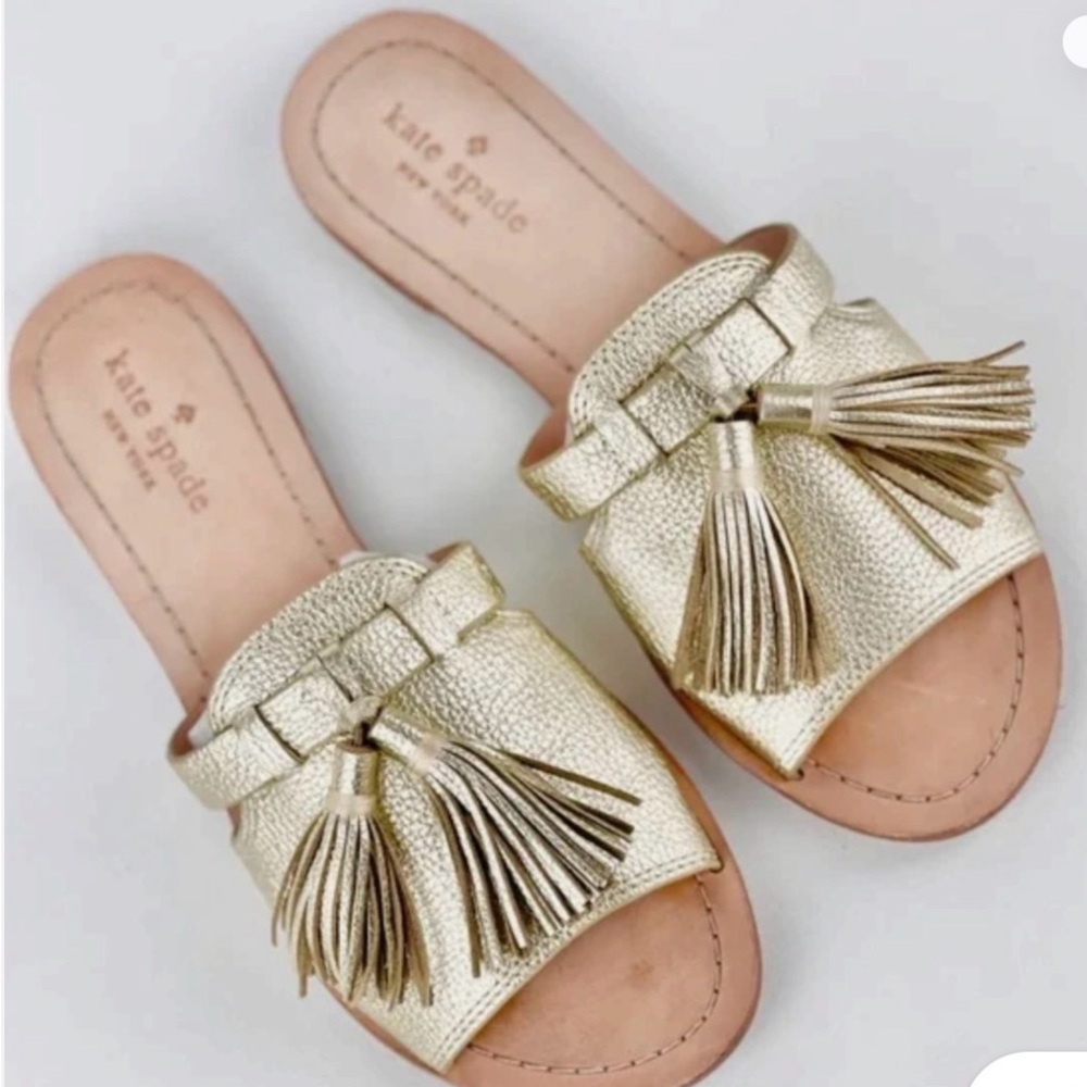 Kate Spade New York Claire Gold Leather Flat Sandals 9 Slip On Tassels Metallic